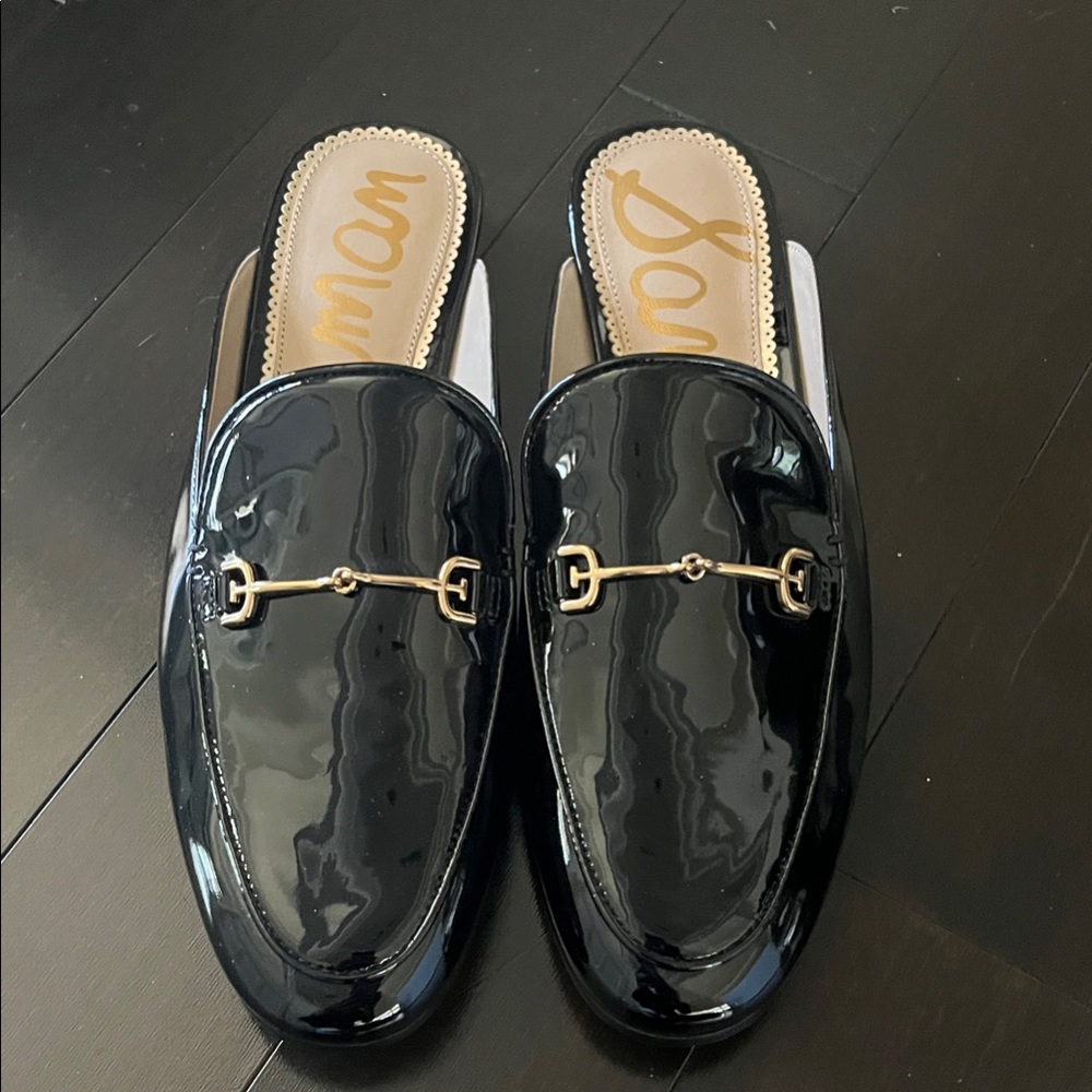 Sam Edelman Black Patent Leather Backless Mules with Gold Bit